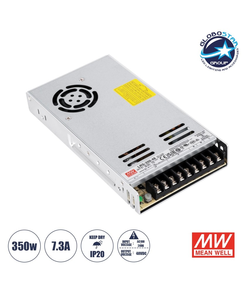 GLOBOSTAR® MEANWELL-LRS350-48 61532 Τροφοδοτικό-Μετασχηματιστής Class II PELV 350W 7.3A DC 48V IP20 - AC 220-240V σε DC 48V - Ρυθμιζόμενo από DC 43.2V έως DC 52.8V - Μ21.5 x Π11.5 x Υ3cm - 3 Χρόνια Εγγύηση